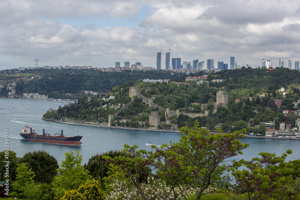 One of the towers of Rumeli Fortress overlooks the Bosphorus Strait in Istanbul, Turkey.istanbul throat transport