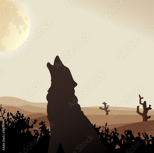 Desert wolf howls at the Moon in the middle of the sand dunes. Vector silhouette illustration. Beige tone background.