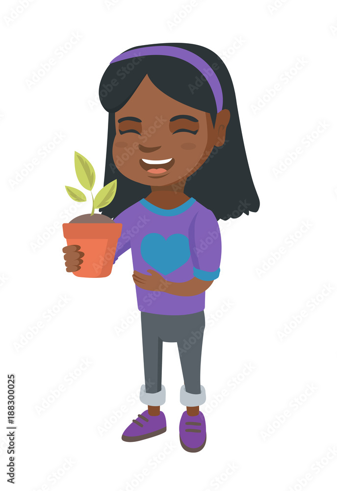 African-american smiling girl holding a potted plant in hand. Full length of happy girl laughing and holding a flower in a pot. Vector sketch cartoon illustration isolated on white background. African-american smiling girl holding a potted plant in hand. Full length of happy girl laughing and holding a flower in a pot. Vector sketch cartoon illustration isolated on white background.