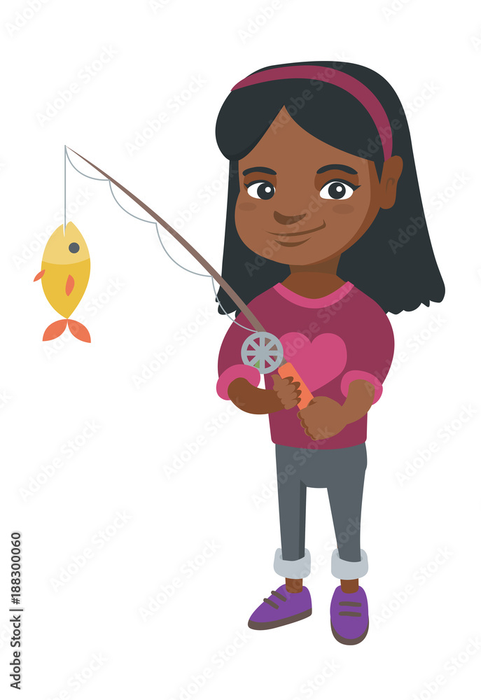 African-american little girl fishing. Full length of smiling girl holding  fishing rod with fish on a hook. Vector sketch cartoon illustration  isolated on white background. Stock Vector