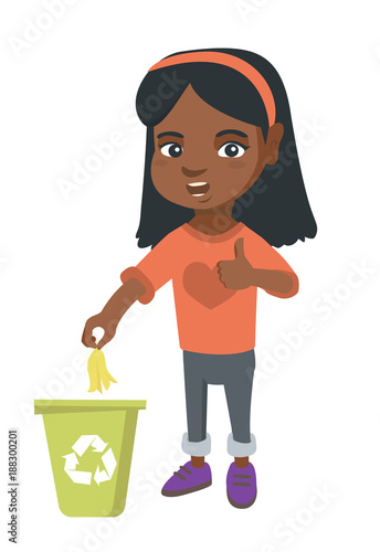 Little african girl throwing banana peel in recycling bin. Girl putting banana peel in bin with recycling sign and giving thumb up. Vector sketch cartoon illustration isolated on white background.