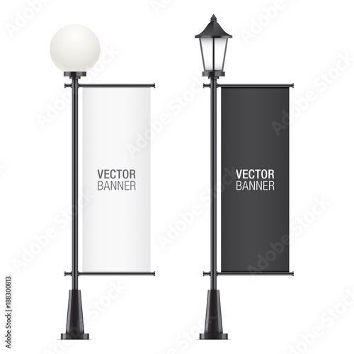 Set of vector lamposts, with black and white advertising flags, isolated on a white backgorund. Vertical promotional flag realistic mockups.