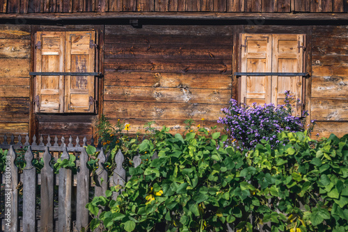 Close up on old wooden traditional house in heritage park of Kampinos Forest in Poland