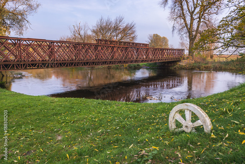 Military bridge over Bzura River near Witkowice, small village in Masovia region of Poland photo