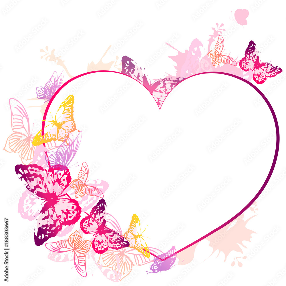 beautiful pink butterflies, heart on a white
