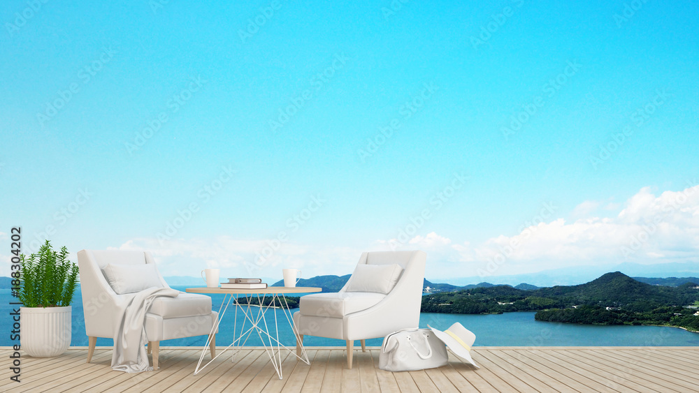 Fototapeta premium restaurant or lounge in hotel or condominium - living area on balcony and sea view - artwork for holiday time - Blur background - 3D Rendering