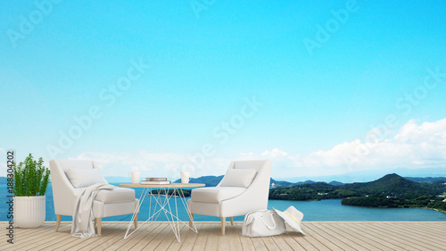 restaurant or lounge in hotel or condominium - living area on balcony and sea view - artwork for holiday time - Blur background - 3D Rendering © CHOTi