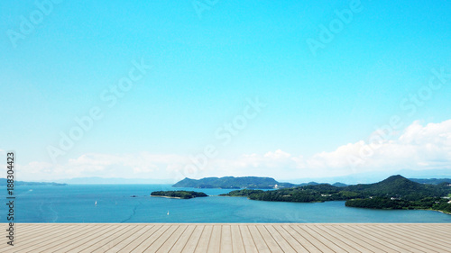 terrace in hotel or condominium on island view and sea view - living area on balcony sea view - artwork for holiday time - Blur background - 3D Rendering