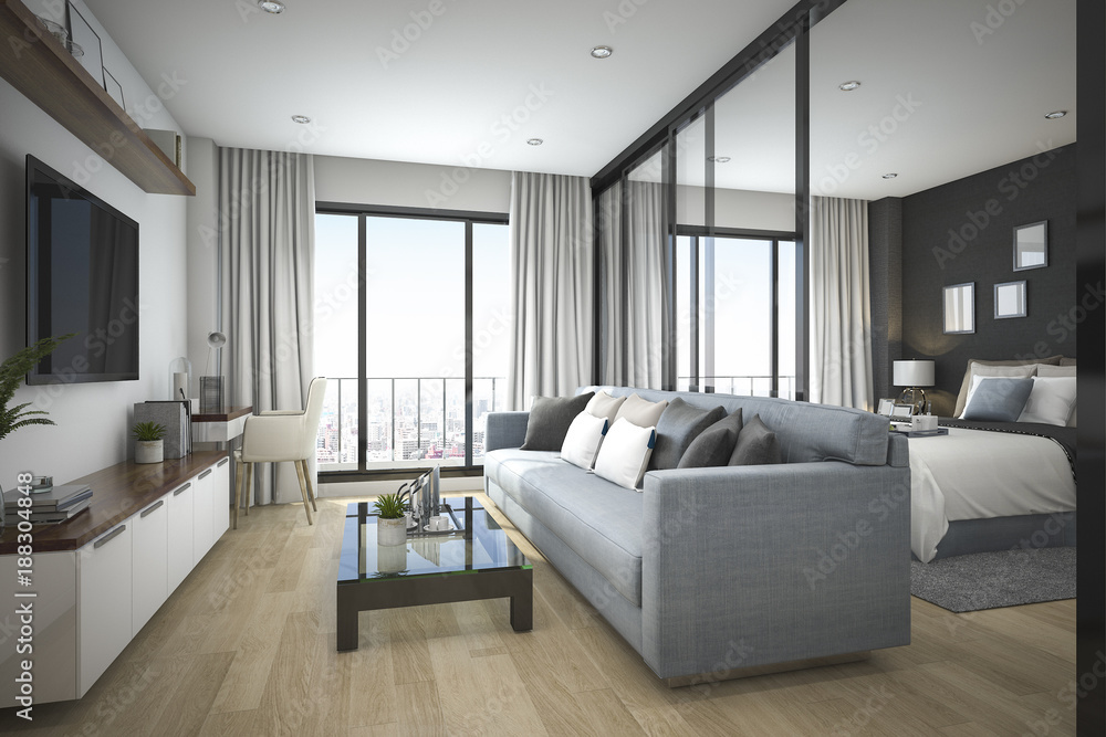 3d rendering modern minimal wood living room and bedroom in apartment 3d rendering modern minimal wood living room and bedroom in apartment