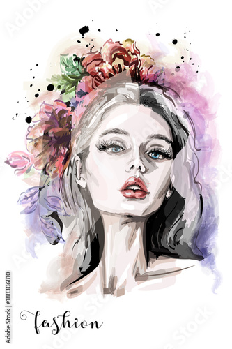 Stylish composition with hand drawn beautiful young woman portrait, flowers and watercolor blots. Fashion illustration. Sketch.