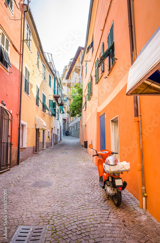 Narrow streets and traditional buildings of Celle Ligure  Liguria  Italy