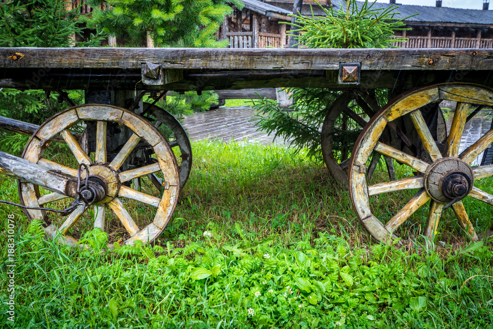 Wooden old wagon wheels for horse
