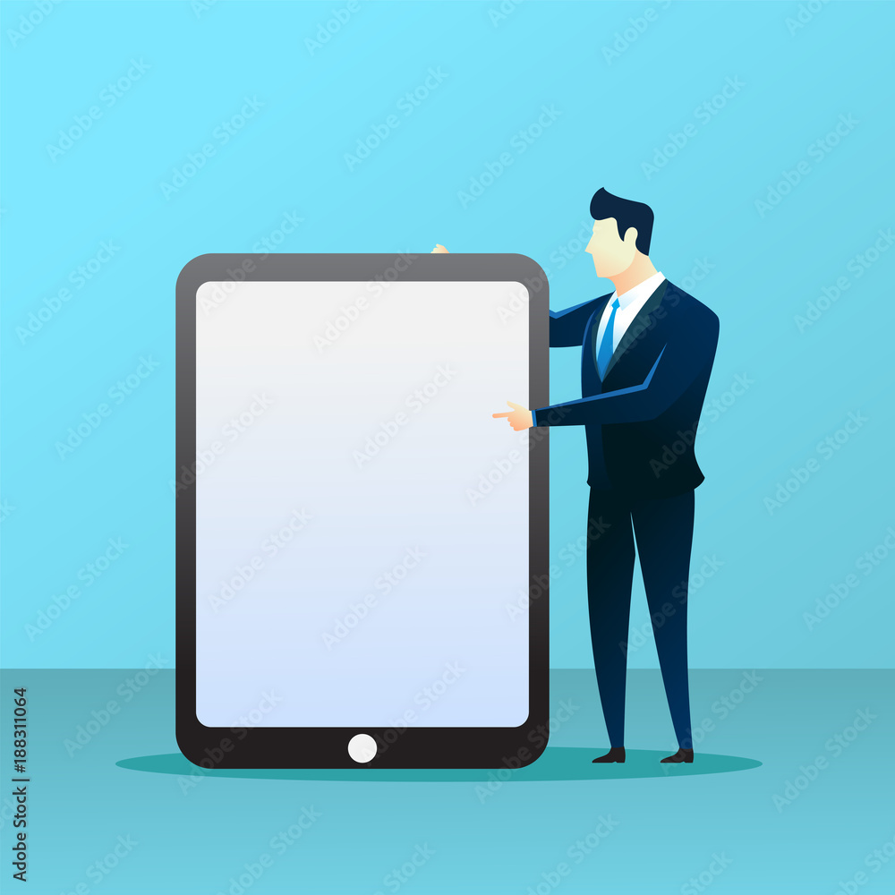 business illustration concept of businessman pointing screen