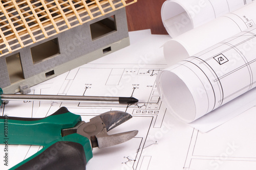 Electrical drawings, work tools, accessories for engineering and house under construction, building home concept
