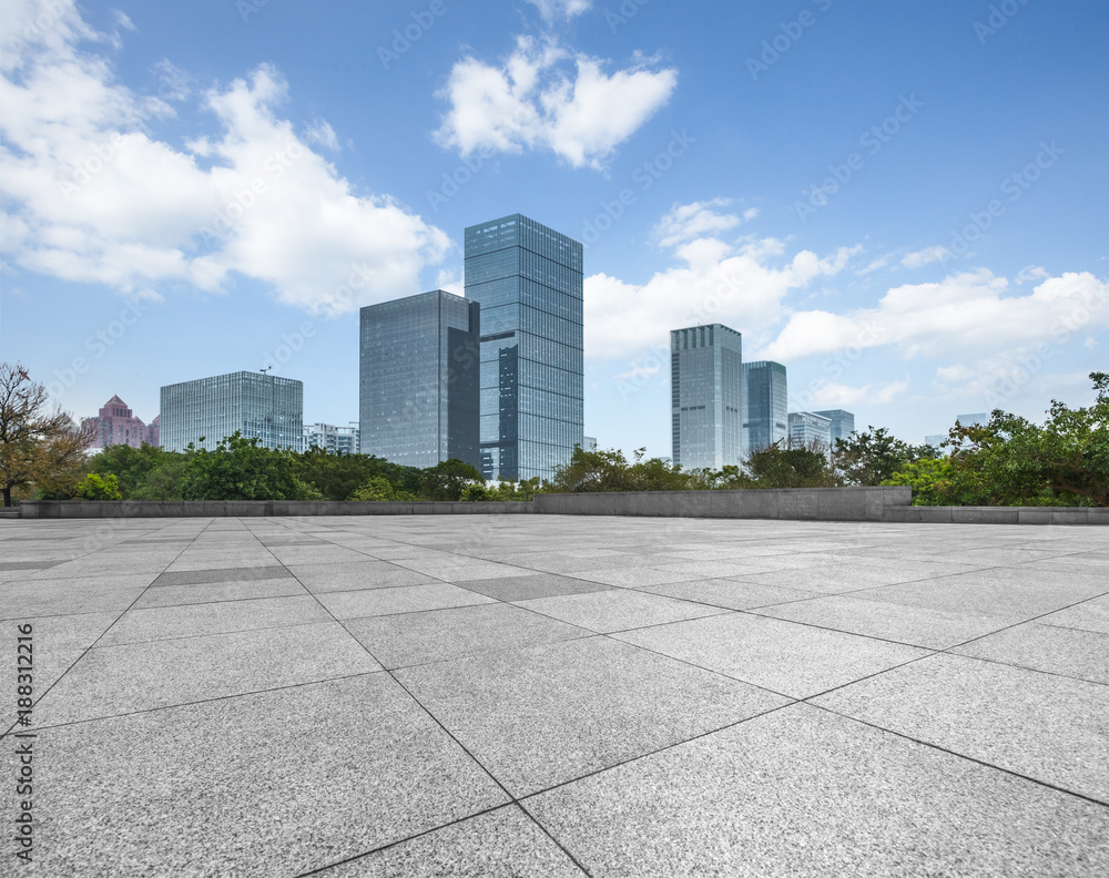 cityscape and skyline in blue sky from empty floor