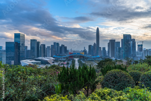 Panoramic view of the shenzhen skyline at twilight