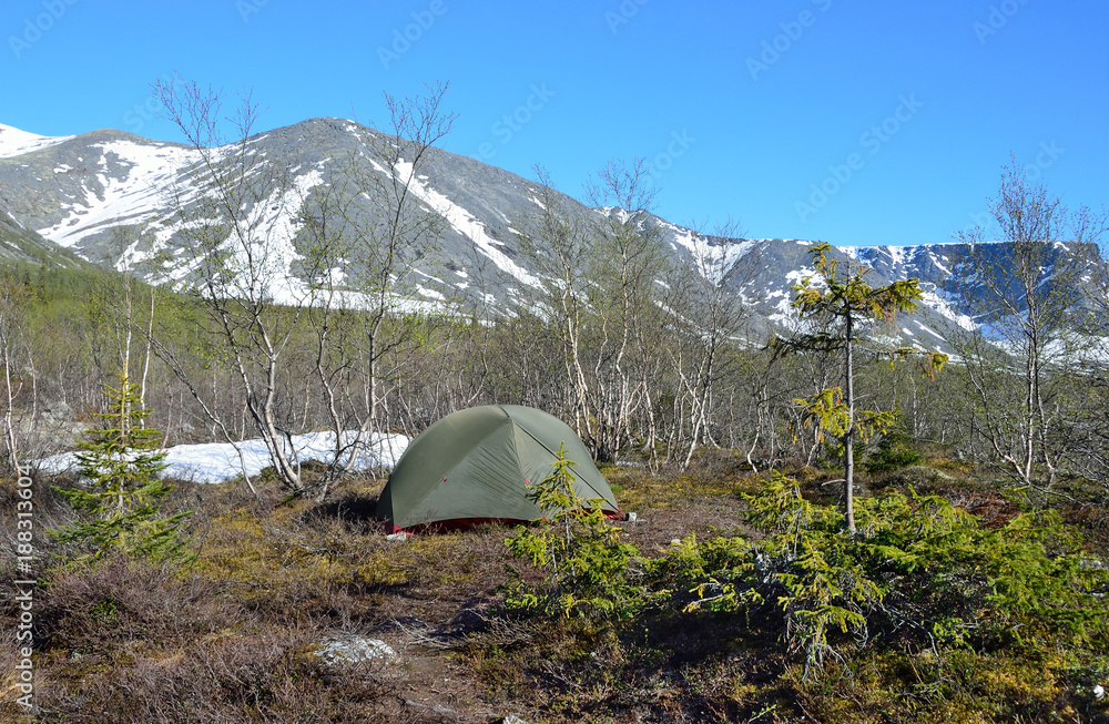 Одноместная туристическая палатка на берегу реки Кунийок в Хибинах летом, Кольский полуостров