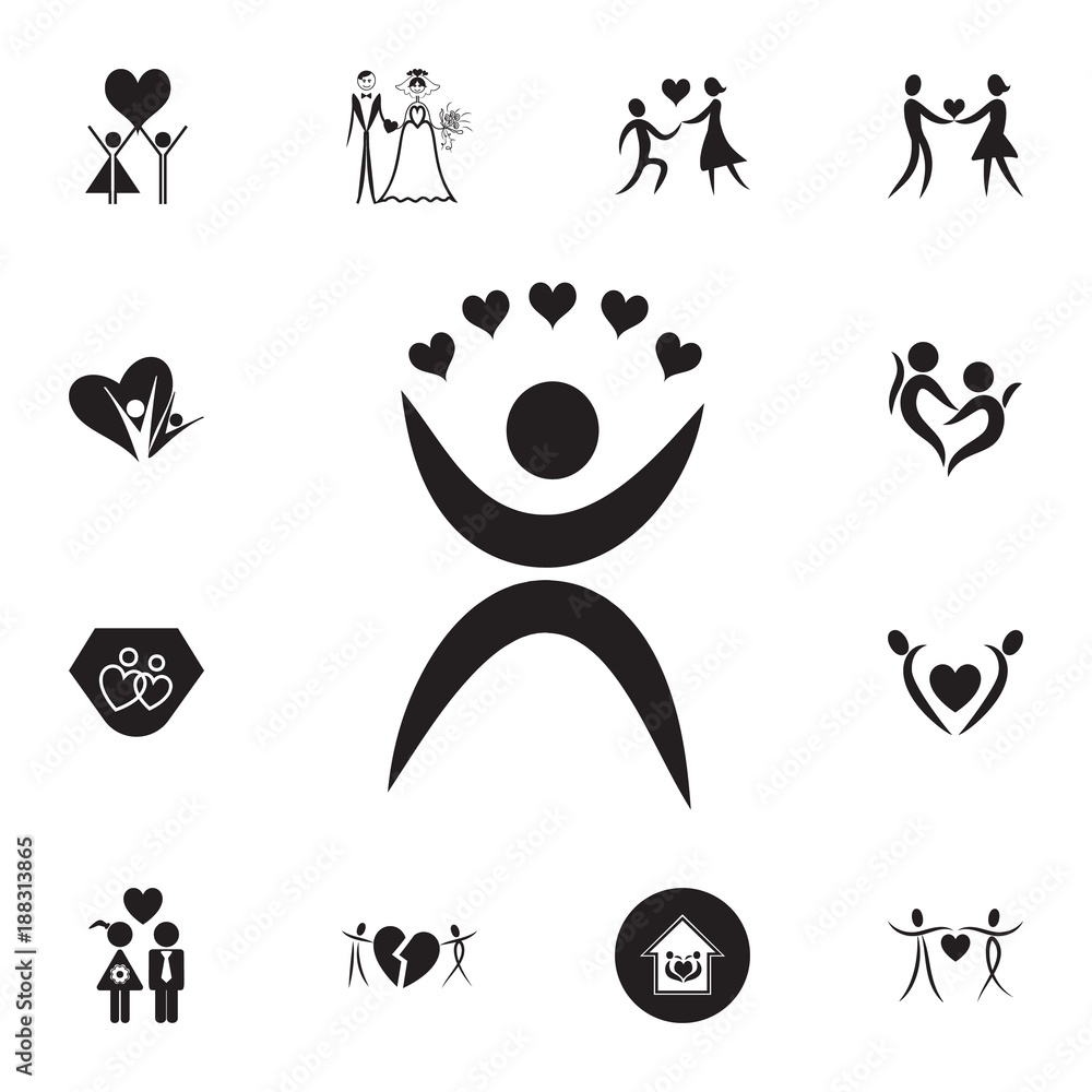 man holds many hearts icon. Set of Valentine's Day elements icon. Photo camera quality graphic design collection icons for websites, web design, mobile app