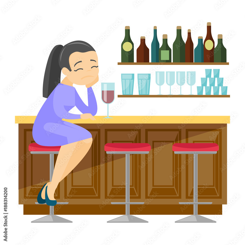 Depressed caucasian white woman sitting at the bar counter and drinking red wine. Young woman in depression sitting in the bar with wine. Vector cartoon illustration isolated on white background. Depressed caucasian white woman sitting at the bar counter and drinking red wine. Young woman in depression sitting in the bar with wine. Vector cartoon illustration isolated on white background.