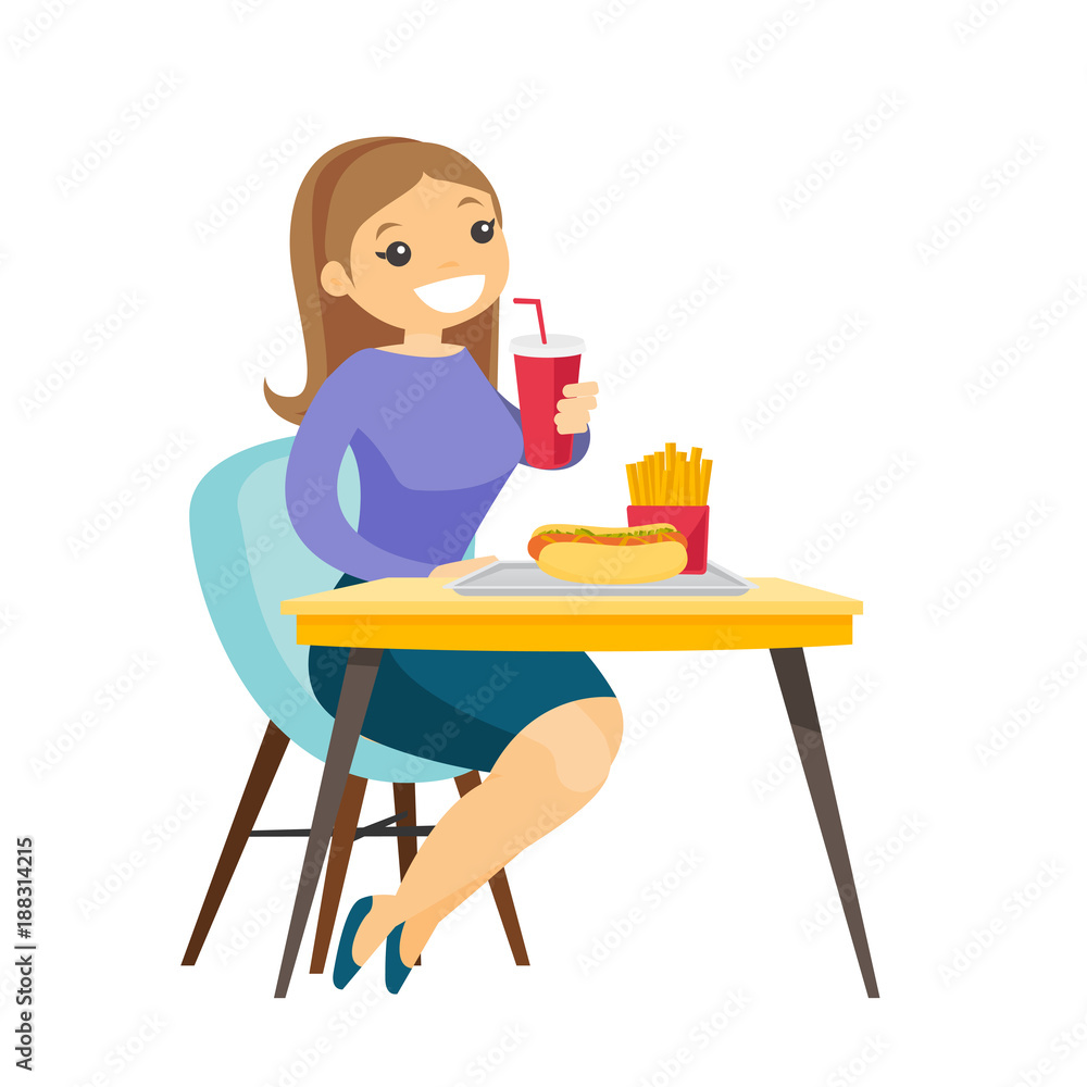 Young caucasian white woman sitting at the table with soda, french fries and hot dog in fast food restaurant. Concept of unhealthy nutrition. Vector cartoon illustration isolated on white background. Young caucasian white woman sitting at the table with soda, french fries and hot dog in fast food restaurant. Concept of unhealthy nutrition. Vector cartoon illustration isolated on white background.