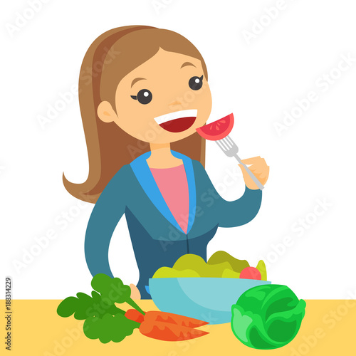 Happy caucasian white woman eating a healthy vegetable salad. Young woman enjoying a fresh vegetable salad. Concept of healthy nutrition. Vector cartoon illustration isolated on white background.