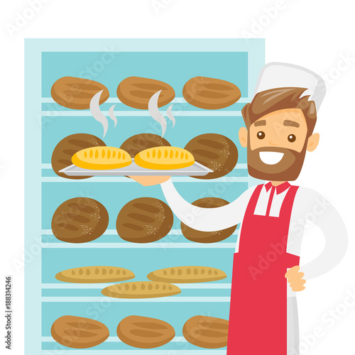 Young caucasian white baker in chef hat and apron holding a tray with bread in the bakery. Smiling hipster baker standing near the bread rack. Vector cartoon illustration isolated on white background.