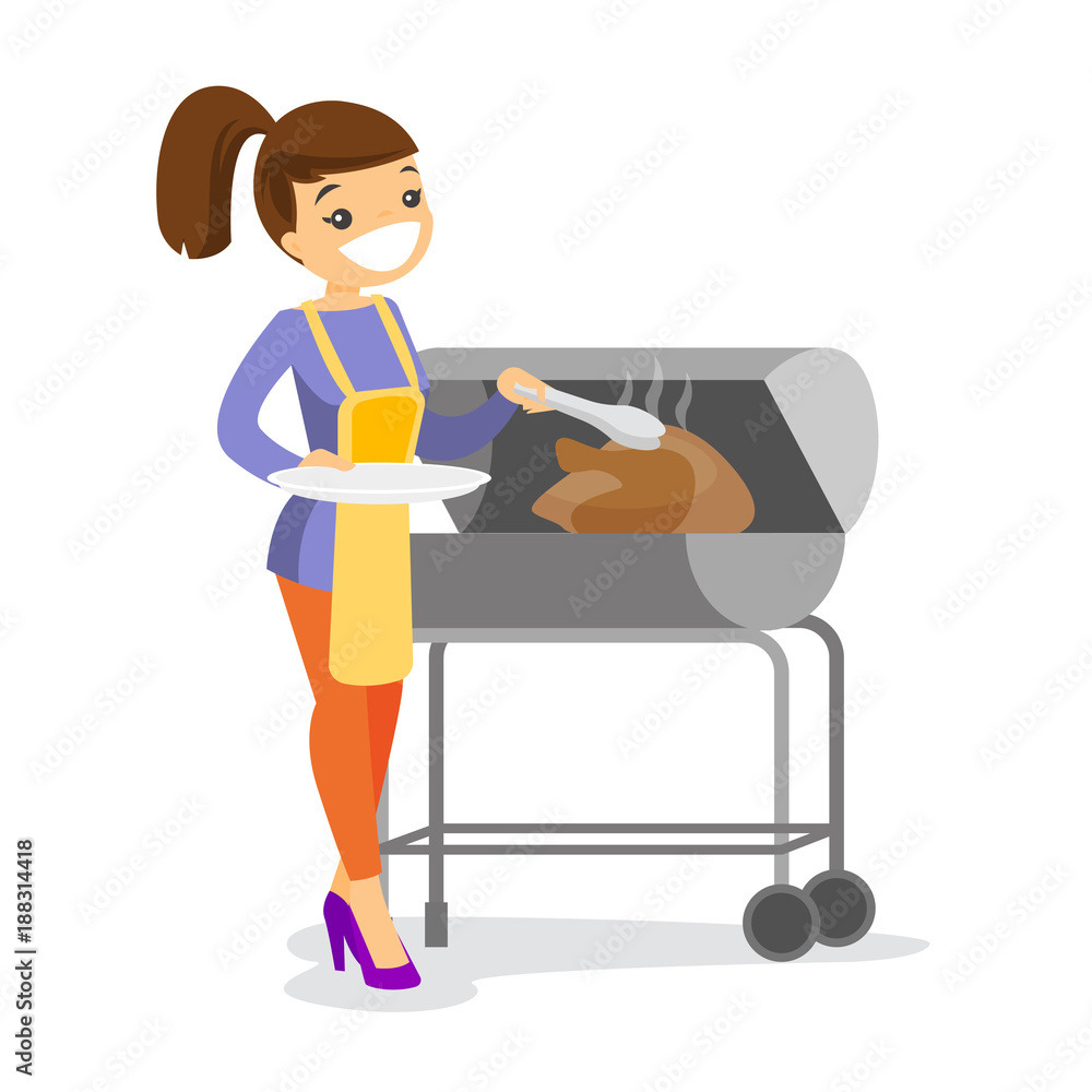 Young happy smiling caucasian white woman holding plate and kitchen tongs and cooking a whole chicken on the barbecue grill outdoors. Vector cartoon illustration isolated on white background.