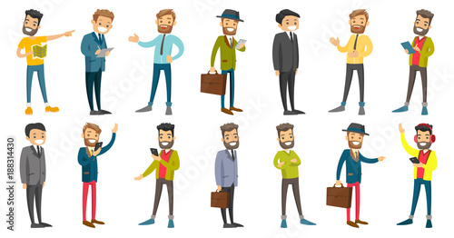 Young caucasian white businessman set. Businessman signing business papers, using mobile phone, listening to music with headphones. Set of vector cartoon illustrations isolated on white background.