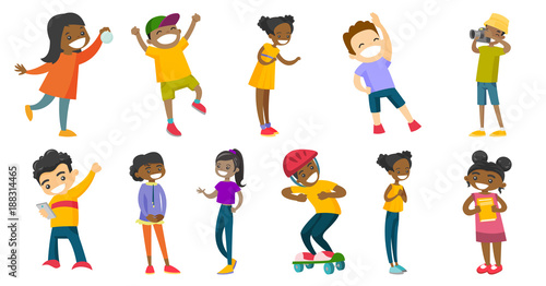 Multiracial children set. Smiling kids riding a skateboard, dancing, playing on mobile phone, jumping, holding christmas ball, book. Set of vector cartoon illustrations isolated on white background.