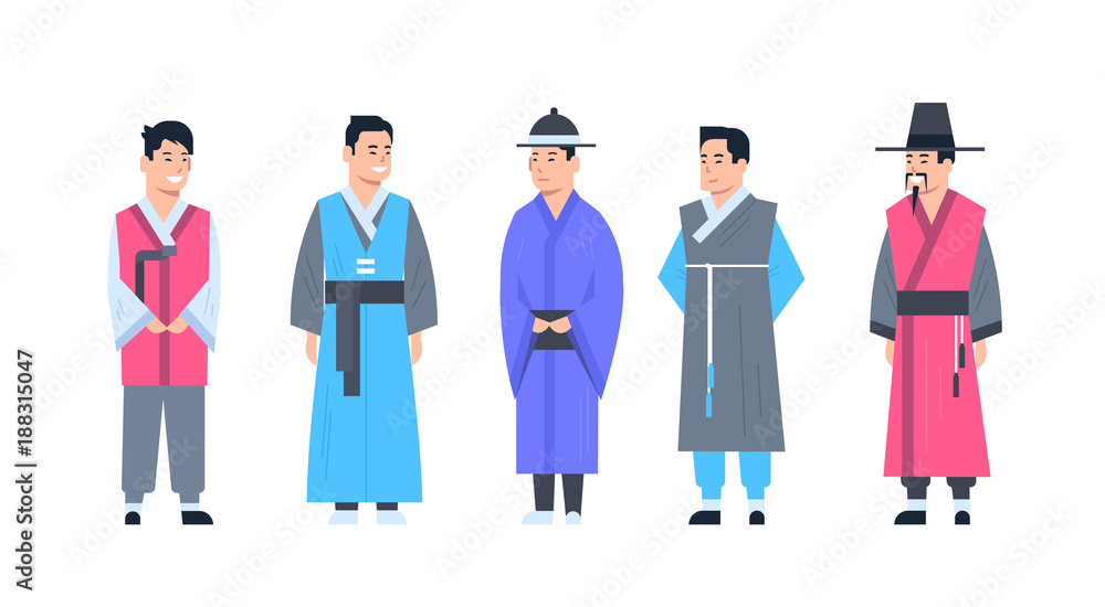 Korea Traditional Clothes Set Of Men Wearing Ancient Costume Isolated Asian Dress Concept Flat Vector Illustration Korea Traditional Clothes Set Of Men Wearing Ancient Costume Isolated Asian Dress Concept Flat Vector Illustration