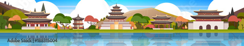 Traditional Korea Palace Landscape South Korean Temples Over Mountains Background Famous Asian Landmark View Horizontal Banner Flat Vector Illustration