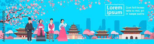 Korea People In Traditional Costumes Over Palace Landscape Sakura Trees South Korean Famous Landmark View Flat Vector Illustration