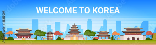 Welcome To Korea Poster Traditional Palace Landscape South Korean Temples Over Mountains Background Famous Asian Landmark View Horizontal Banner Flat Vector Illustration