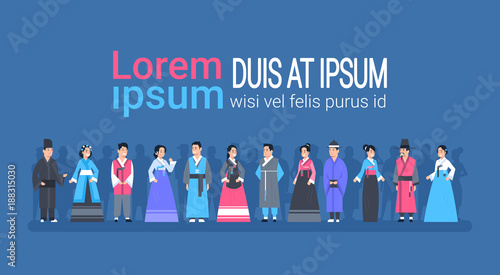 Group Of Asian People In Traditional Clothes Women And Men Dressed In Ancient Costumes Flat Vector Illustration
