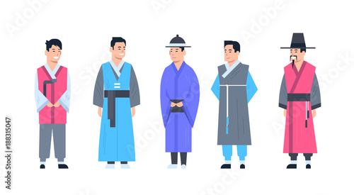 Korea Traditional Clothes Set Of Men Wearing Ancient Costume Isolated Asian Dress Concept Flat Vector Illustration