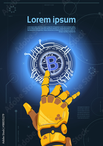 Bitcoins Crypto Currency Concept Robot Hand Touching Bit Coin Digital Web Money Mining Technology Flat Vector Illustration