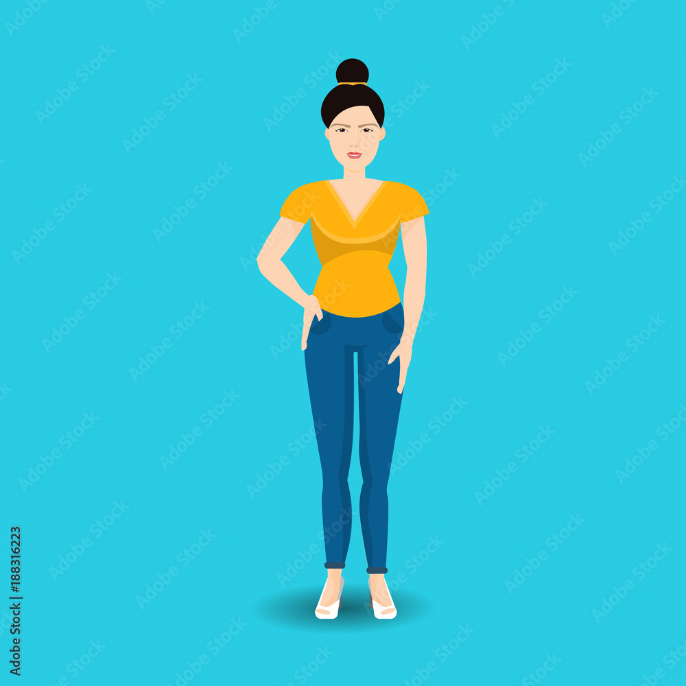 Young Woman Korean Wearing Casual Clothes Standing Full Length Isolated On Blue Background Flat Vector Illustration Young Woman Korean Wearing Casual Clothes Standing Full Length Isolated On Blue Background Flat Vector Illustration