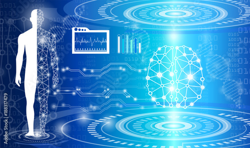 abstract background technology concept in blue light,brain and human body heal ,technology modern medical science in future and global international medical with tests analysis clone DNA human