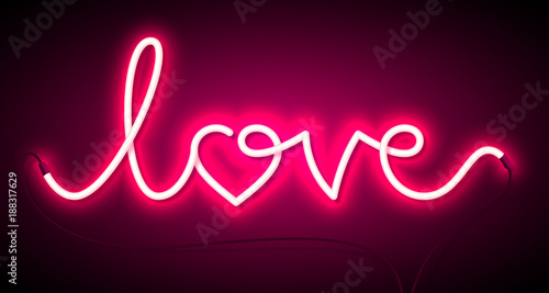 Word Love neon sign. Valentine's Day greeting card, poster, flyer or banner design element
