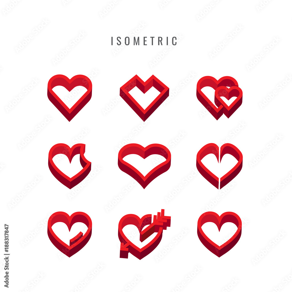 isometric. icon. Valentine. Heart shapes collection design.  vector symbol in style isolated on white background.