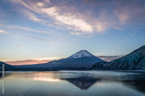 Mountain Fuji and Lake Motosu with bueatiful sunrise in winter season © torsakarin