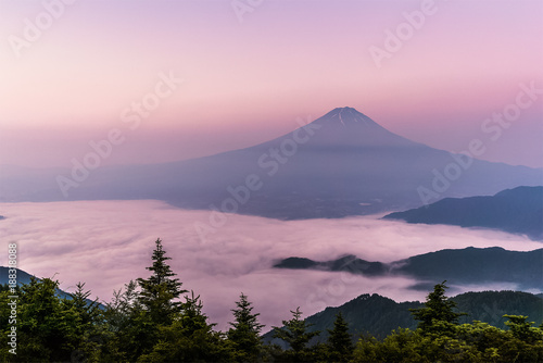 Mt.Fuji with sea of mist above Kawaguchiko lake in summer