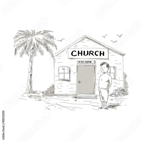 Samoan Boy Stand By Church Cartoon