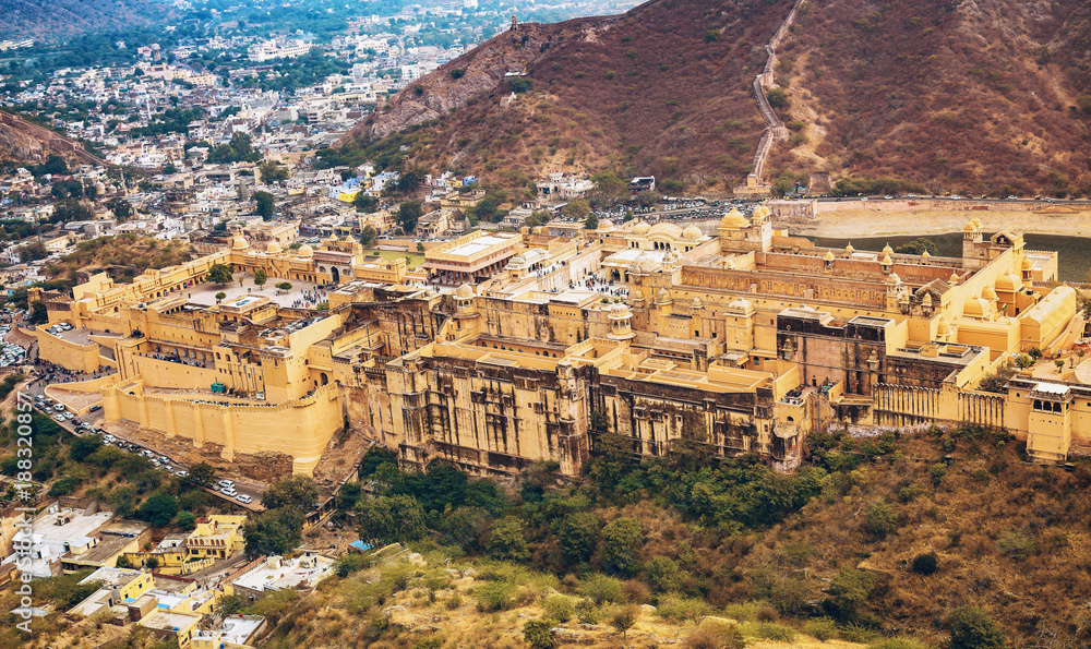 Amer Fort Jaipur aerial view with Jaipur city scape as seen from Jaigarh Fort