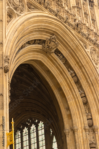 The architectural detail of the royal entrance below the Victoria Tower at the British Parliament building in London  England.