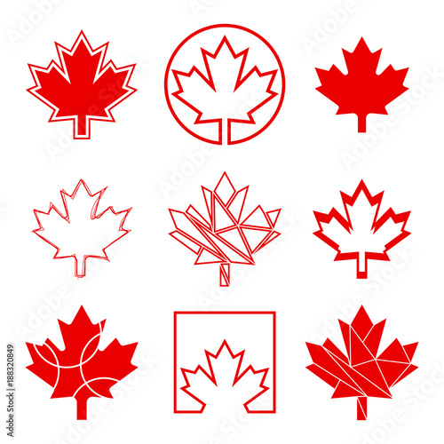A set of nine unique maple leaf designs. These custom Canadian graphics are available in vector format.