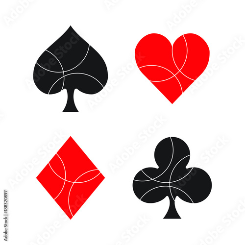 A set of classic poker suits in vector format. These spades, hearts, diamonds, and club symbols have a series of round abstract keylines cut out of them.