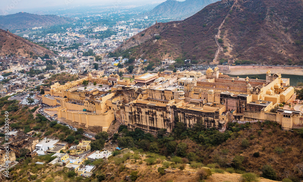 Amer Fort aerial view with Jaipur cityscape Rajasthan, India.