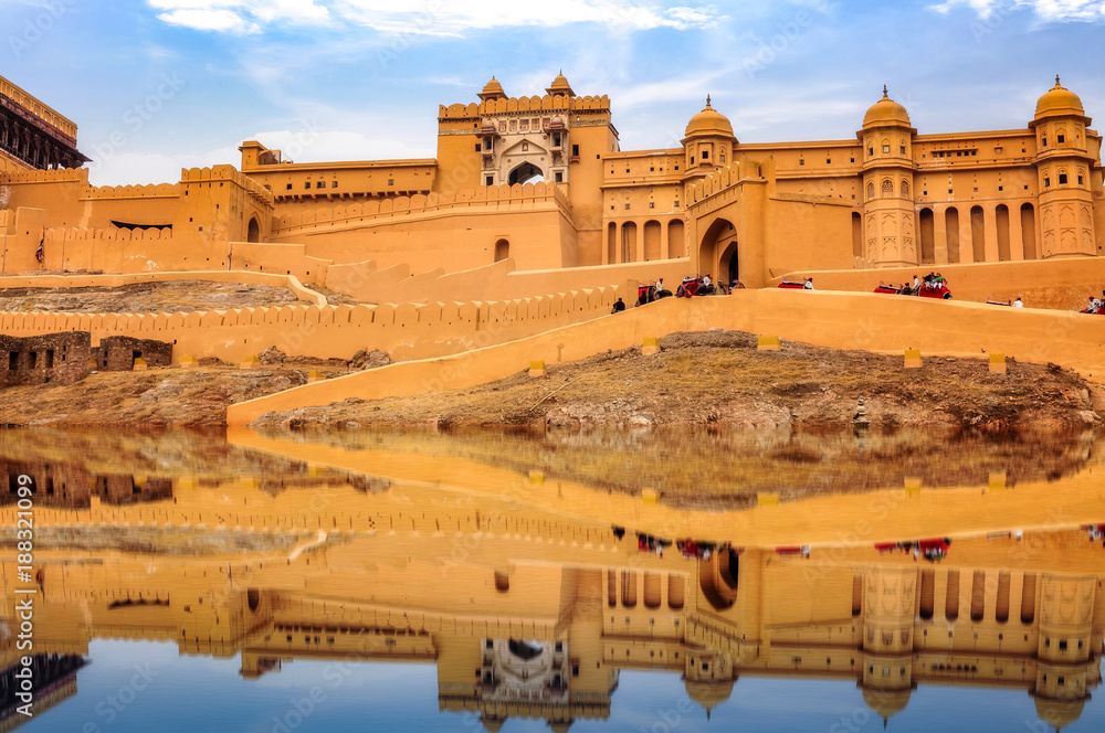 Amer Fort Jaipur Rajasthan with water reflection. A UNESCO World Heritage site and popular tourist destination