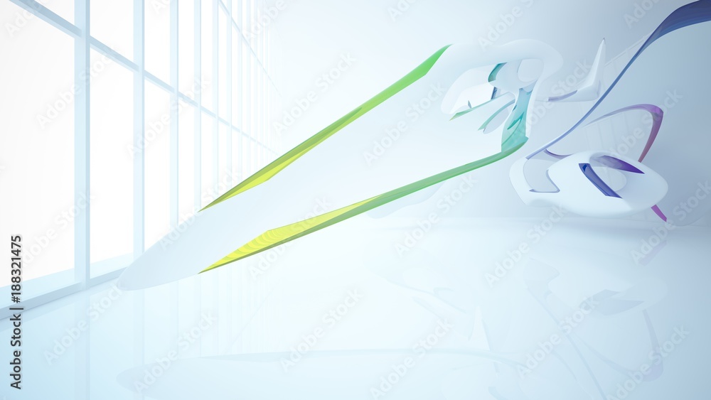 Fototapeta premium Abstract white and colored gradient glasses interior with window. 3D illustration and rendering.